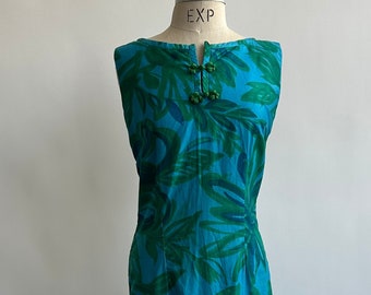 1960’s Liberty House Hawaii Maxi Dress Blue Green Cotton Botanical Side Slits Size M