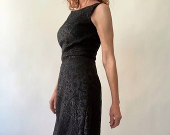 Vintage 1960’s LBD Black Brocade Wiggle Dress Scoop Neck and Back Above Knees Size XS