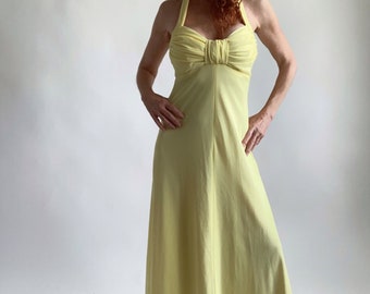 Pastel Yellow Halter Maxi Dress 1970's Polyester Sweetheart Gathered Neckline size S/XS