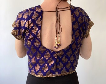Purple and Gold Indian Lotus Metallic Print Choli Blouse Cropped Beaded Tie Back Hook front Size L