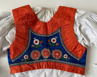 Czech Antique Folk Vest Moravian Red Brocade and Blue Satin with Metallic Fancy Trim and Embroidery, Waistcoat Buttons