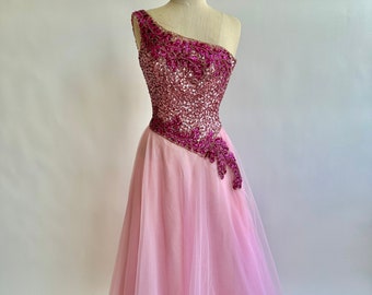 Mike Benet Pink Tulle Prom Dress 1970's Beaded One Shoulder Pageant XS Petite