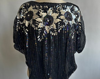 Vintage Silk Blouse Butterfly Hem Sequined Black Iridescent Silver Floral Disco Top One Size