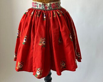 Czech Girl’s/youth Folk Skirt Red Wool Hand Embroidered Full Gatherered Folk Costume