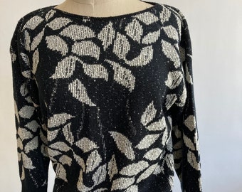 80's Sweater Pullover Black and Cream Botanical Floral Kenneth Too! Size Small/Medium