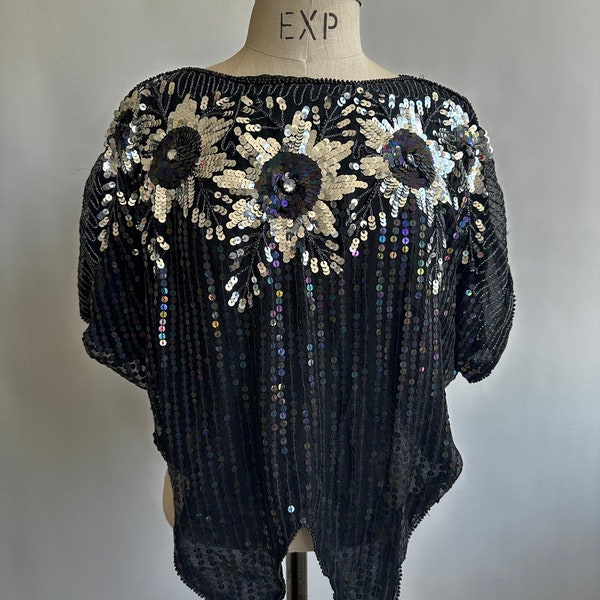 Vintage Silk Blouse Butterfly Hem Sequined Black Iridescent Silver Floral Disco Top One Size