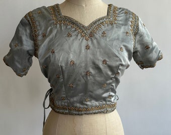 Silver Satin Indian Gold Metallic Embroidery Choli Blouse Cropped Beaded Tie Side Back Hook front Size S