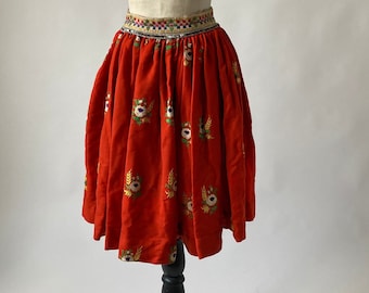 Czech Folk Skirt Red Wool Hand Embroidered Full Gatherered Folk Costume