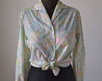 60's/70's Blouse Floral Lady Arrow Button Front Pastel and Neon Pink, Blue, Green Size M