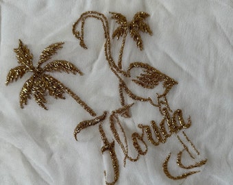 Vintage 1950's/50's Novelty Florida Tourist White Chiffon Gold Embroidered Scarf Palm Trees