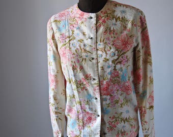 60's Blouse Malbe Cotton Floral Pink, Chartreuse and Blue with Rhinestones Size S
