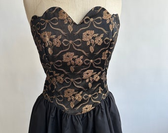 Strapless Dress Black Taffeta and Bronze Metallic Gunne Sax Full Skirt size Small