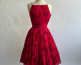 50's Rockabilly Red Floral Chiffon Dress Spaghetti Straps Frances Slater size XS