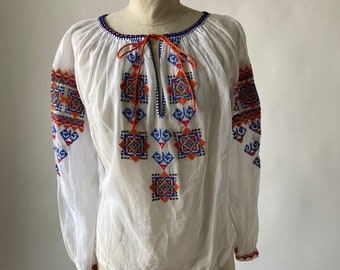 Vintage 70's Top Bohemian Folk Sheer Cotton Blue, Orange, Red and Black Hand Embroidered Blouse size M/L