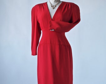 Carolina Herrera Vintage Designer Couture Dress 80's Red Silk with Swarovski Crystal Buttons