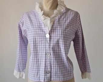 Bolero Jacket 1940's Lavender Ruffled Gingham Cotton Button Front Bracelet Sleeves