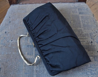 Black Satin Handbag 60's Clutch with Handle or Not Formal Cocktail Evening Purse Bobbie Jerome
