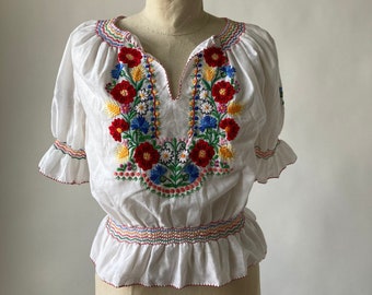 Vintage 70's Top Czech Folk White Peasant Blouse Red, Blue and Yellow Hand Embroidered, Smocked  Size S/M