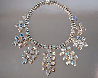 Gold Aurora Borealis Bib Necklace 70's Czech  Rhinestone Statement Runway