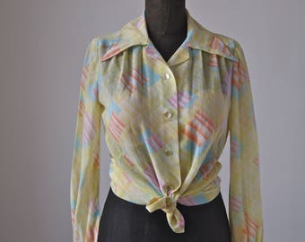 Sheer 70's Blouse Yellow Pastel Geometric Print Button Front size Medium