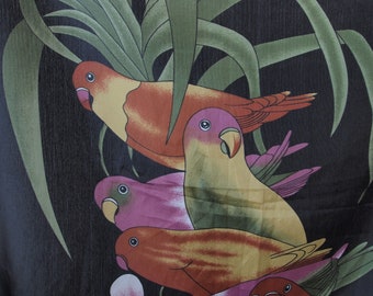 Vintage 80's Extra Large Silk Scarf 45 x 37 inches Parrots and Orchids on Black