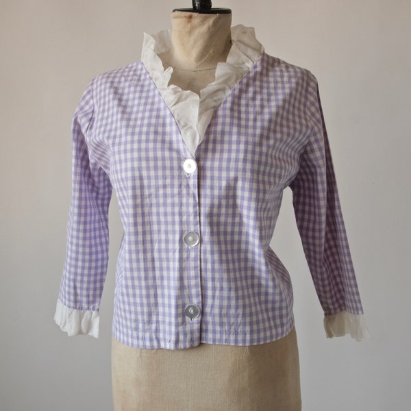 Bolero Jacket 1940's Lavender Ruffled Gingham Cotton Button Front Bracelet Sleeves