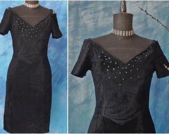 Dress Black Suede Rhinestones 80's Hugo Buscati Off Shoulder Princess Waist