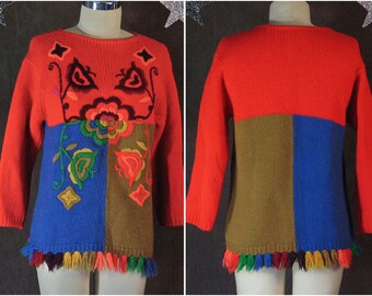 1960's Sweater Phil Rose of California Pantsweater-Op Art Psychedelic Neon Wool Color Block Fringe Embroidered Pullover size M