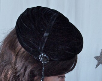 Norman Paulvin Velvet Hat Mad Men 50's Black Velvet Tam Hat with Black Beads