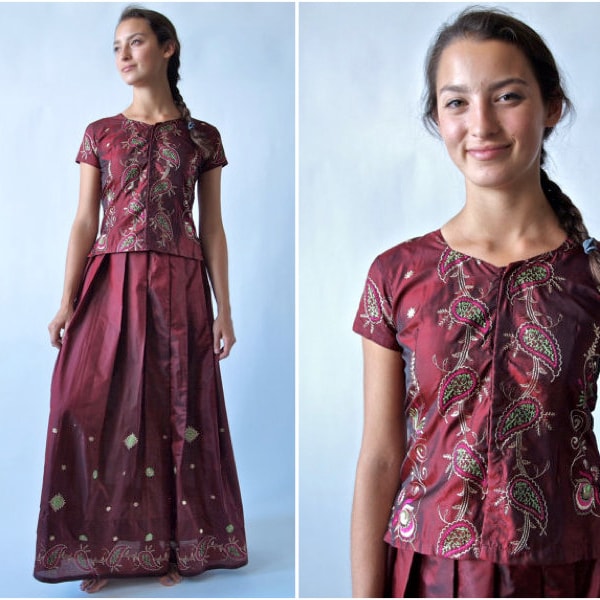 Indian Dress Garnet Floral Embroidered Top and Skirt 2Piece Outfit Cocktail Evening size Small