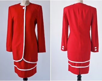 1980's Christian Dior Red White Designer Power Suit Wiggle Skirt Long Jacket Size 6