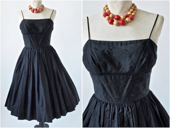 50's Rockabilly Dress Black Sateen Cotton Full Sk… - image 1