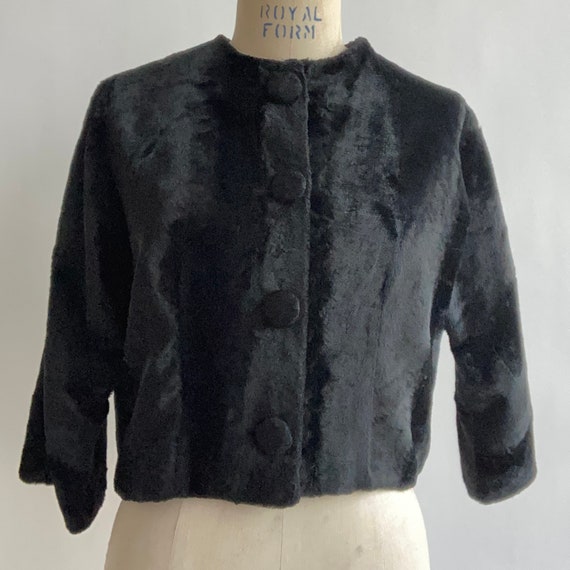 1950’s Black Cropped Bolero Jacket Faux Fur Shear… - image 1