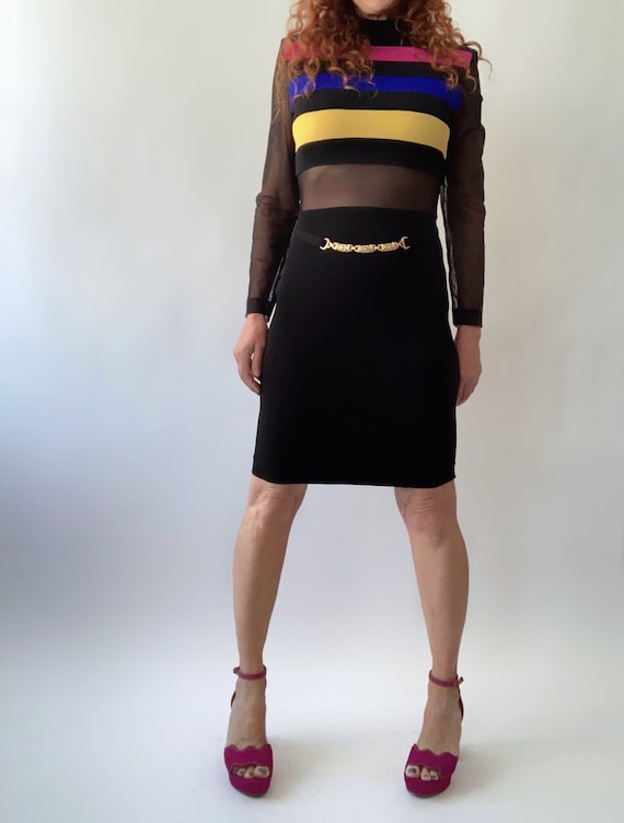 joseph ribkoff bodycon dress 80’s Black Rainbow Striped Size S Shoulder Pads Sheer arms EquiRiderDiscount Kenzie Maxi Dress Black Select Size:XL this dress is a