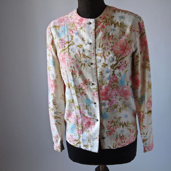 60's Blouse Malbe Cotton Floral Pink, Chartreuse … - image 1
