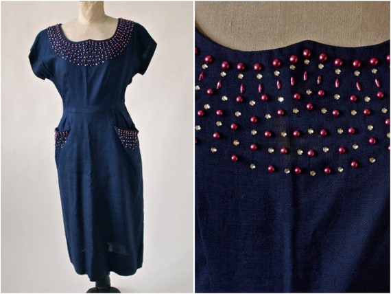 40's Navy Blue Beaded Dress Linen with Pink Pearl… - image 1