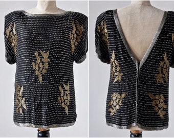 Vintage Silk Blouse 1980s does 1930's Black, Gold, Silver Bugle Bead Deep Plunge Back Top