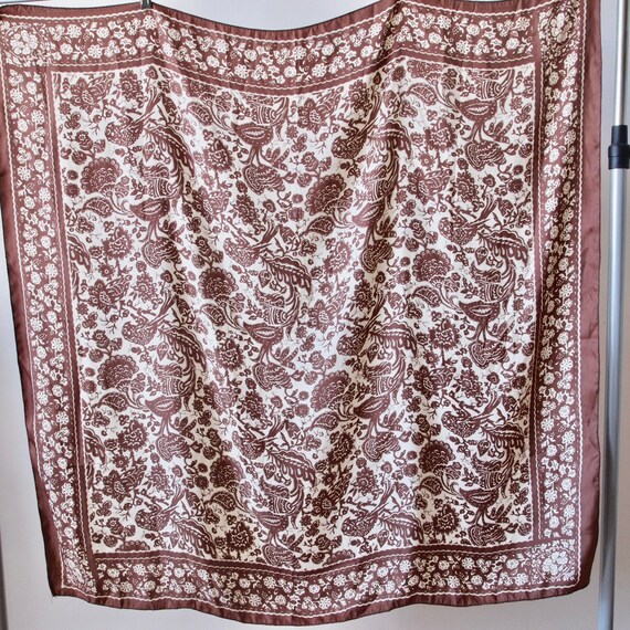 Vintage Extra Large Silk Scarf 42 inches Brown an… - image 3