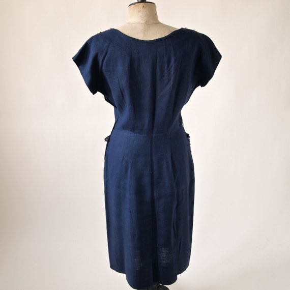 40's Navy Blue Beaded Dress Linen with Pink Pearl… - image 6