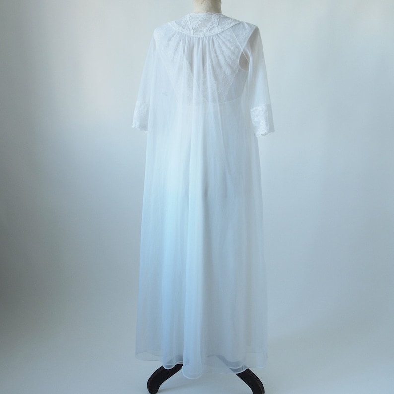 1960'S Nightgown and Robe Peignor Set Chiffon Wedding White with Lace and Beads Petite image 9
