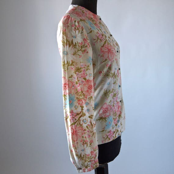 60's Blouse Malbe Cotton Floral Pink, Chartreuse … - image 4