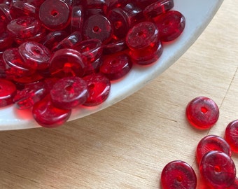 25 9mm x 3mm Red Siam Ruby Czech Glass Vintage Smooth Round Flat Spacer Beads