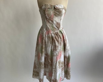 80's does 50's Dress Pastels Tropical Print Strapless Drop Waist Full Skirt Cotton Sundress size Small