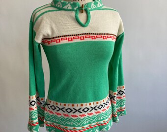 1970’s Mint Green Boho Tunic Bell Sleeves Sweater Mandarin Collar Size Small