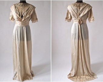 Edwardian 1910's Wedding Gown Dress Ecru Silk, Lace, Soutache Size S/XS AS IS