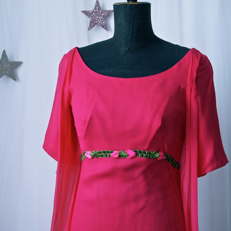 1960's Maxi Dress Fuschia Pink Chiffon 60's Prom Dress with Train Empire Waist Velvet Floral Trim image 4