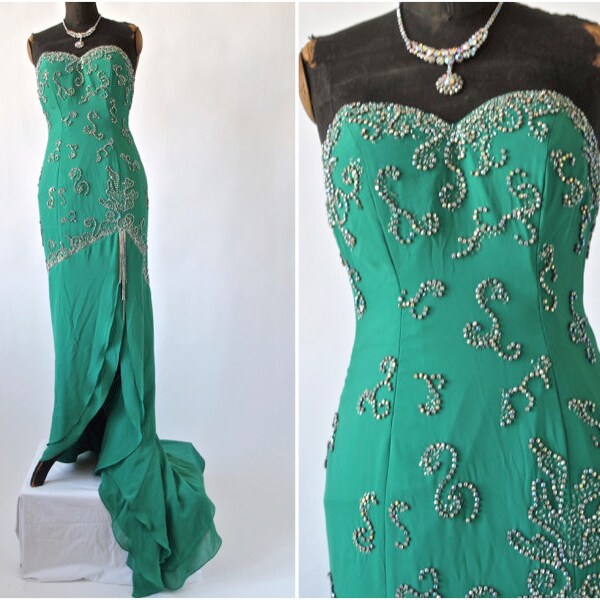 Green Strapless Long Dress Mermaid Train Beads AB Rhinestones 4 Layers Prom Pageant