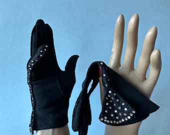 1950’s Formal Black Cotton Gloves with Rhinestones and Flare Wrist size Small