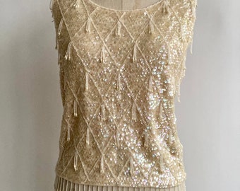 1950's/60's Cream Wool Iridescent Sequined Beaded Fringe Top Mad Men Shell size S