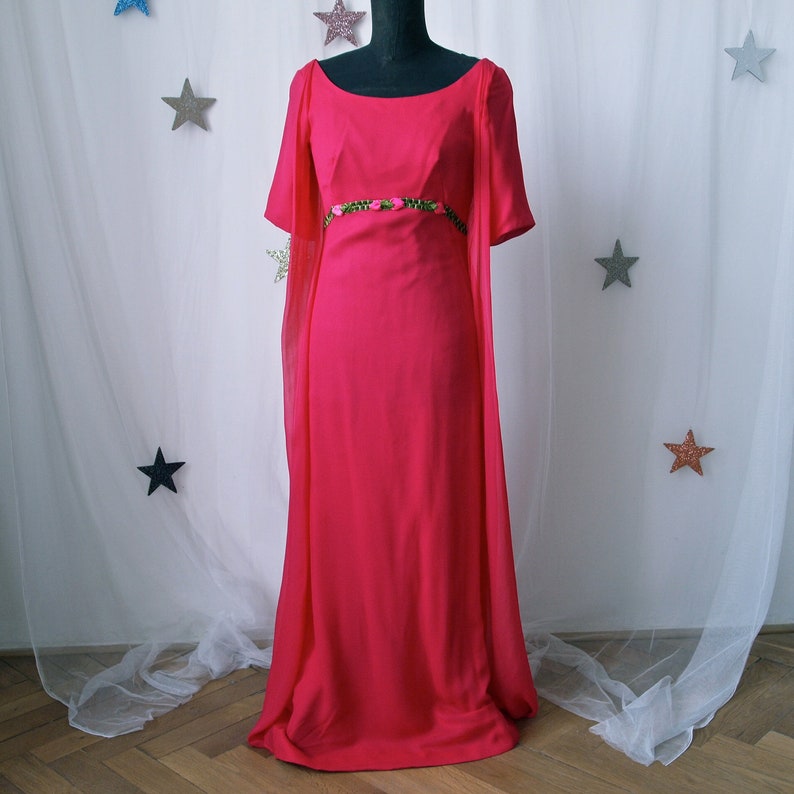 1960's Maxi Dress Fuschia Pink Chiffon 60's Prom Dress with Train Empire Waist Velvet Floral Trim image 2